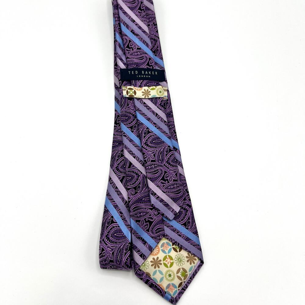 Ted Baker London Purple Paisley with Blue Stripe Tie 100% Silk Made in USA - Picture 6 of 6